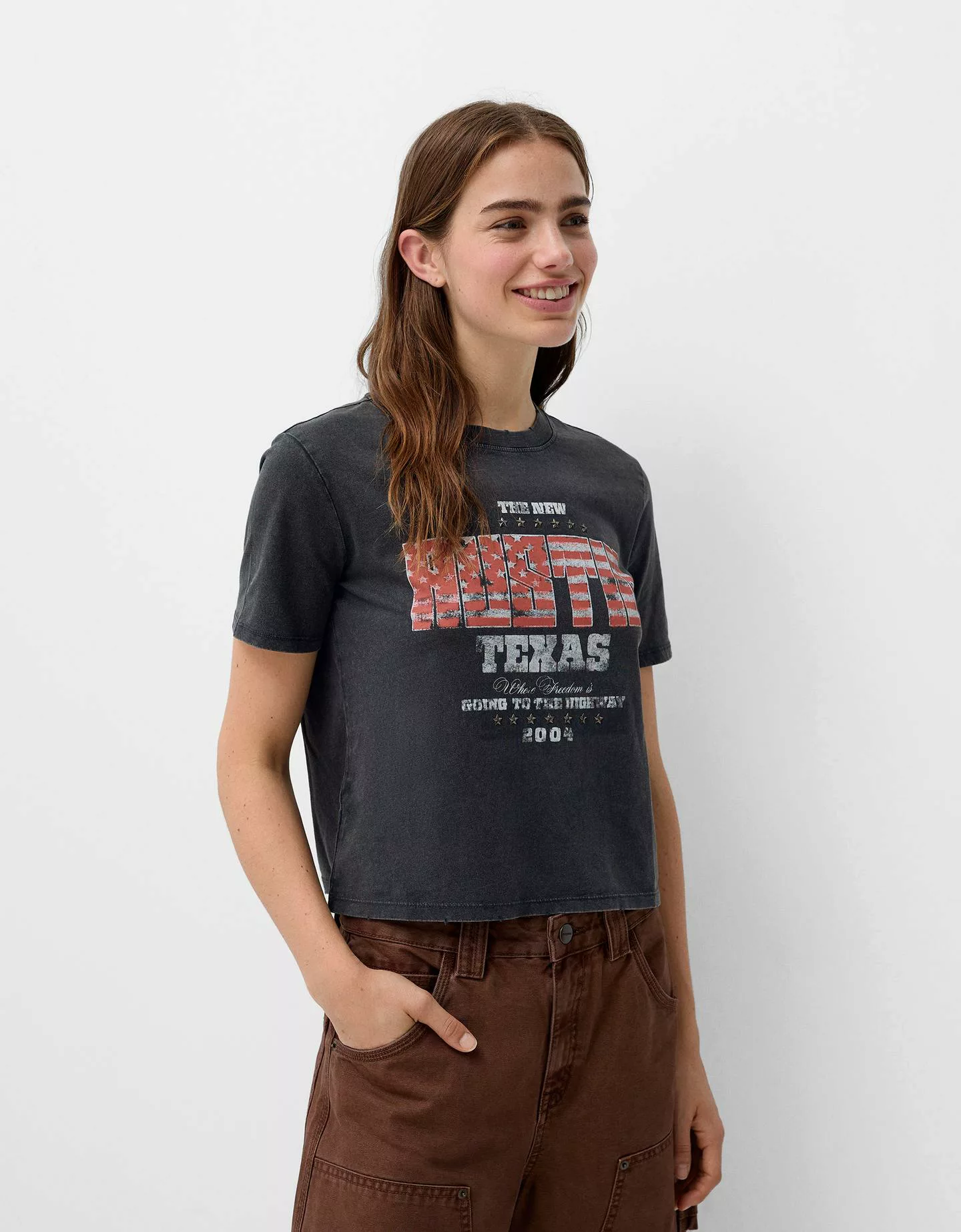 Bershka T-Shirt Mit Print Damen M Grau günstig online kaufen