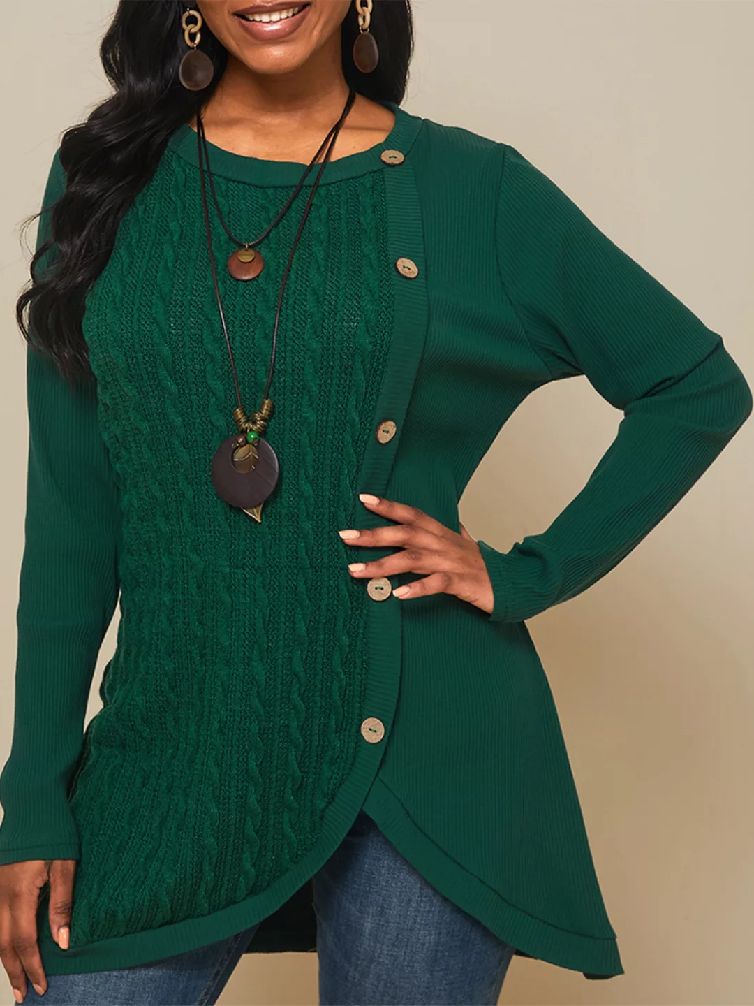 Einfarbiger Langarm-Patchwork-Pullover mit O-Ausschnitt für Damen günstig online kaufen