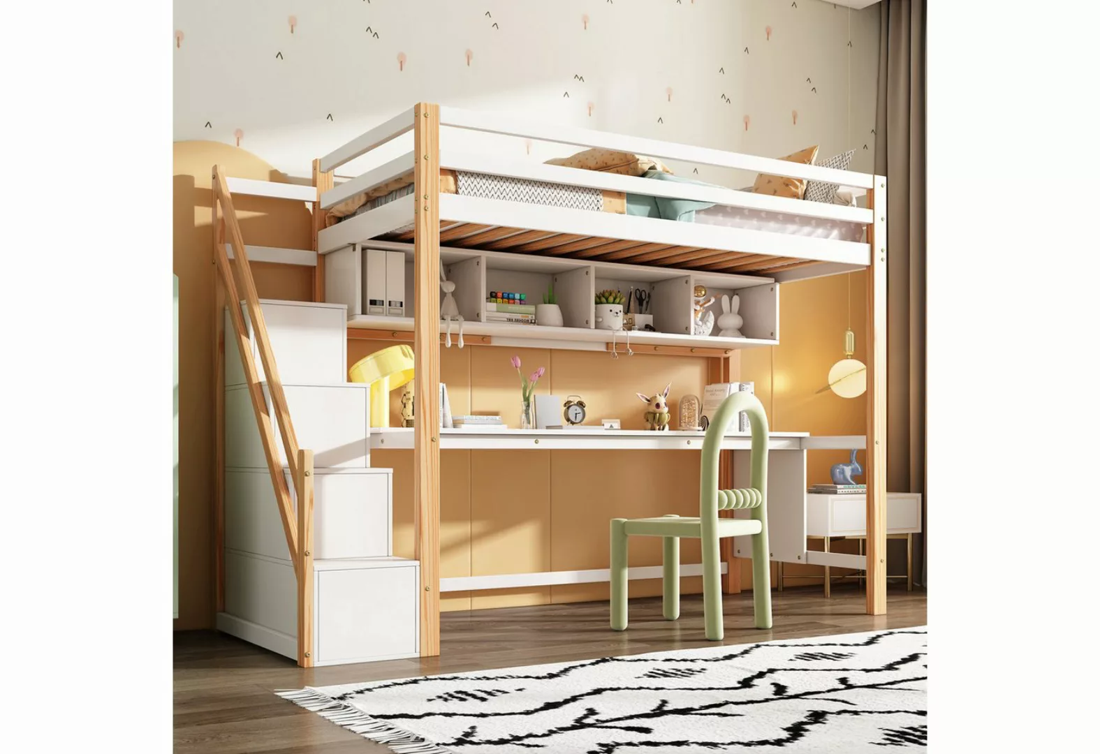 MODFU Etagenbett Kinderbett (Kinderhochbett mit Stauraumtreppe 90*200cm, au günstig online kaufen