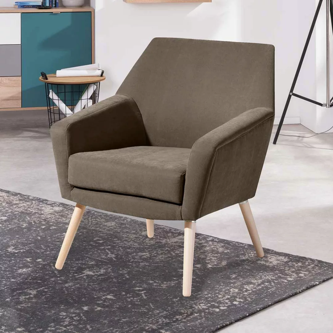 Lounge Sessel in Beigegrau Velours Vierfußgestell aus Holz günstig online kaufen