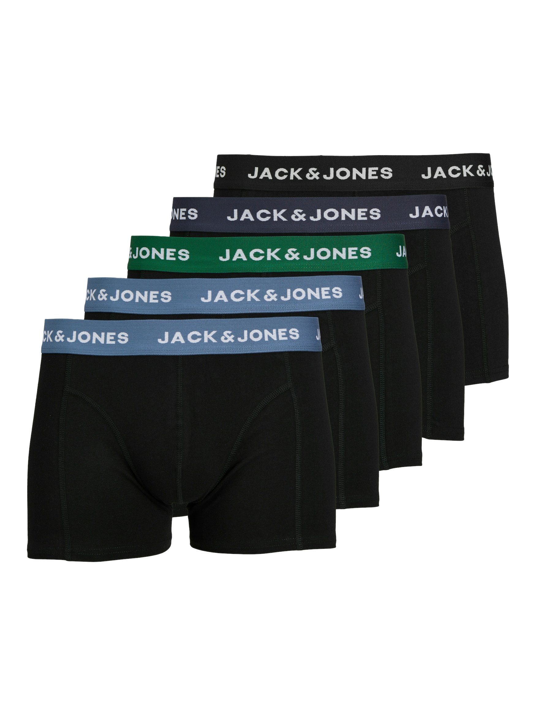 Jack & Jones 5-er Set Trunks Schwarz mit verschiedenfarbigen Webbund günstig online kaufen