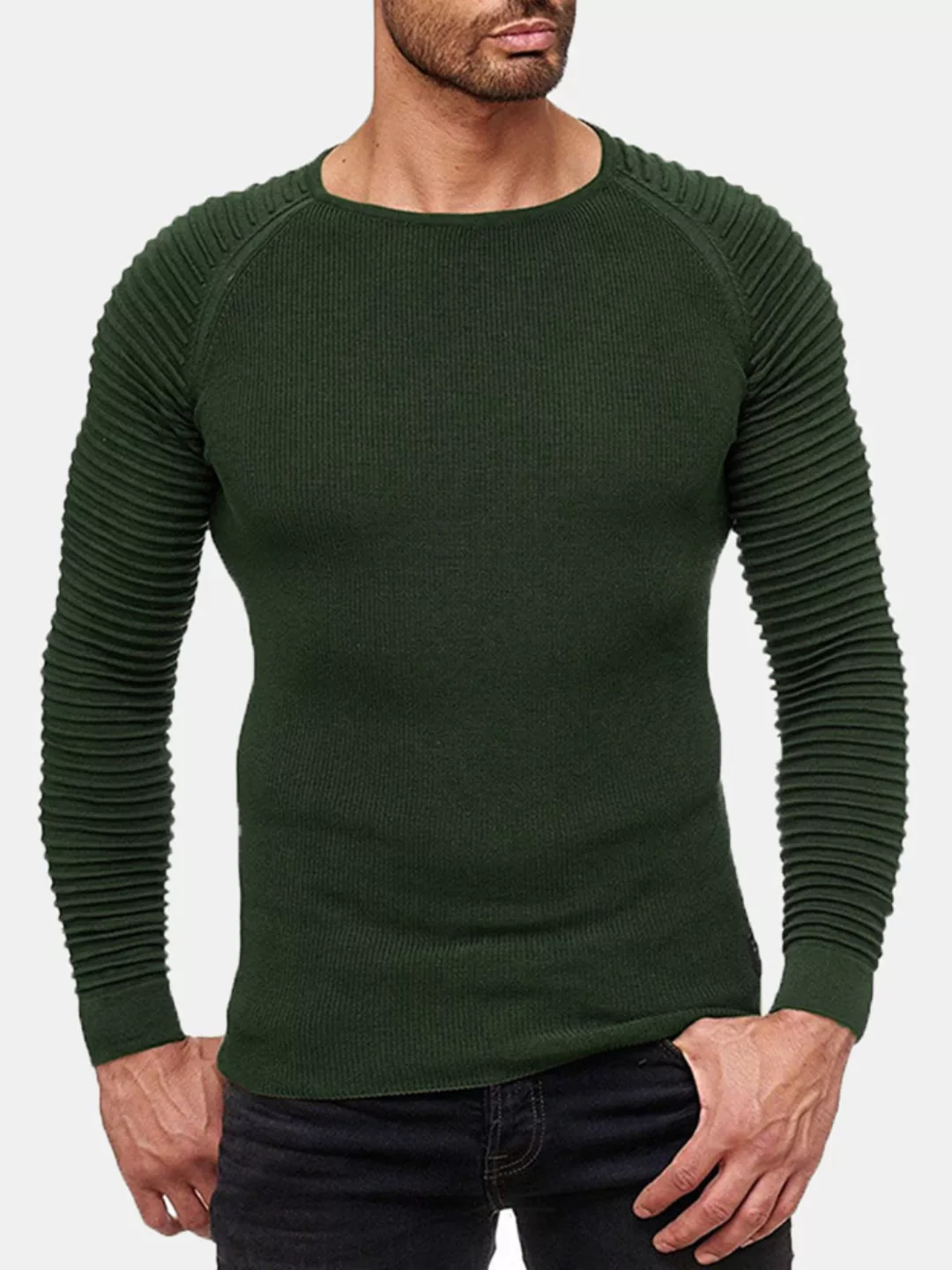 Mens Plissee Sleeve Casual Solid Color Warm Rundhals Langarm Strickpullover günstig online kaufen