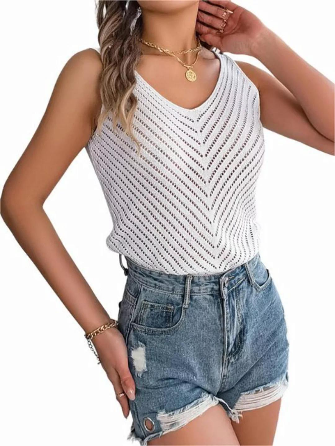 Mayou Tanktop Damen Tank Top V-Ausschnitt Strick Aushöhlen Ärmellos Shirts günstig online kaufen