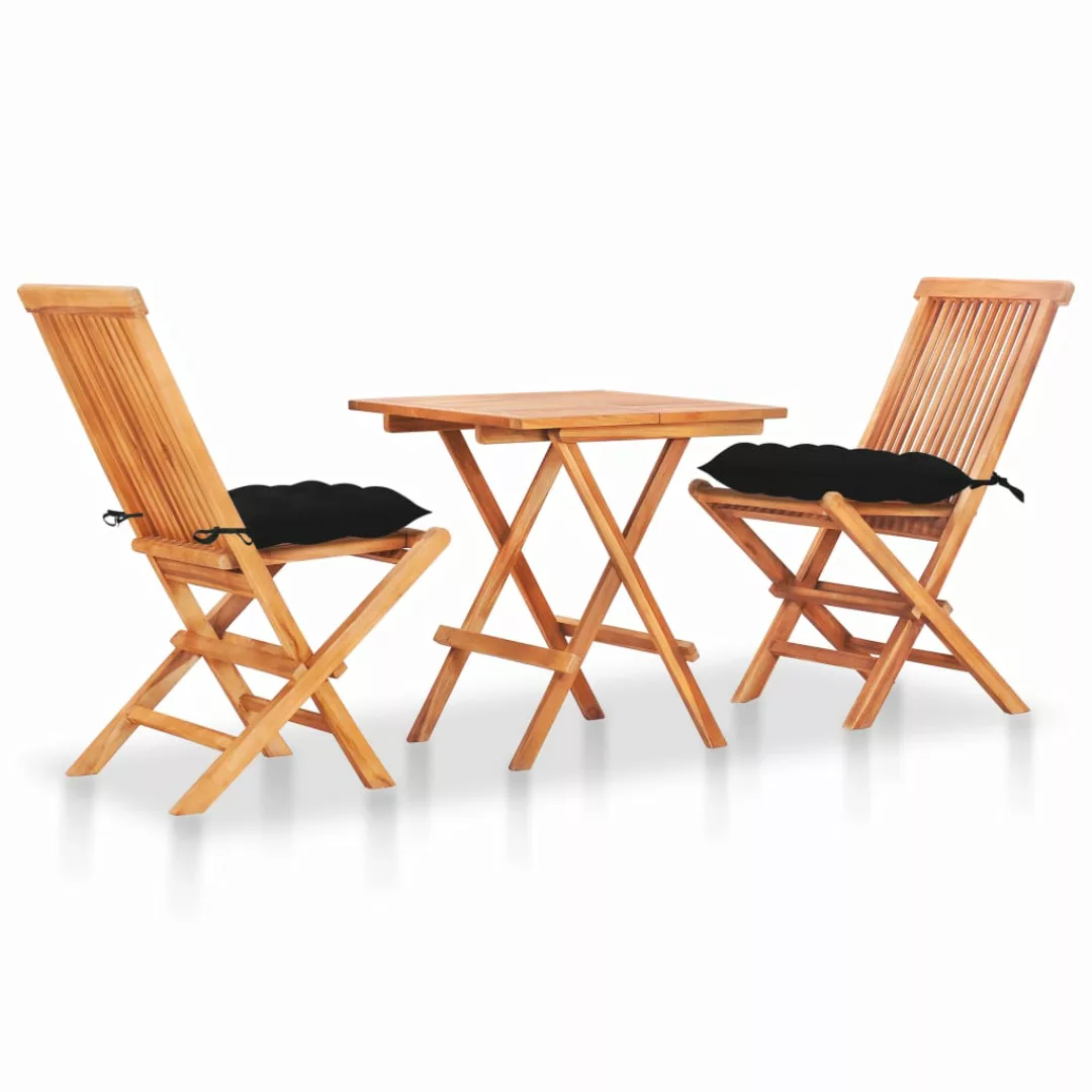 3-tlg. Bistro-set Mit Schwarzen Kissen Massivholz Teak günstig online kaufen