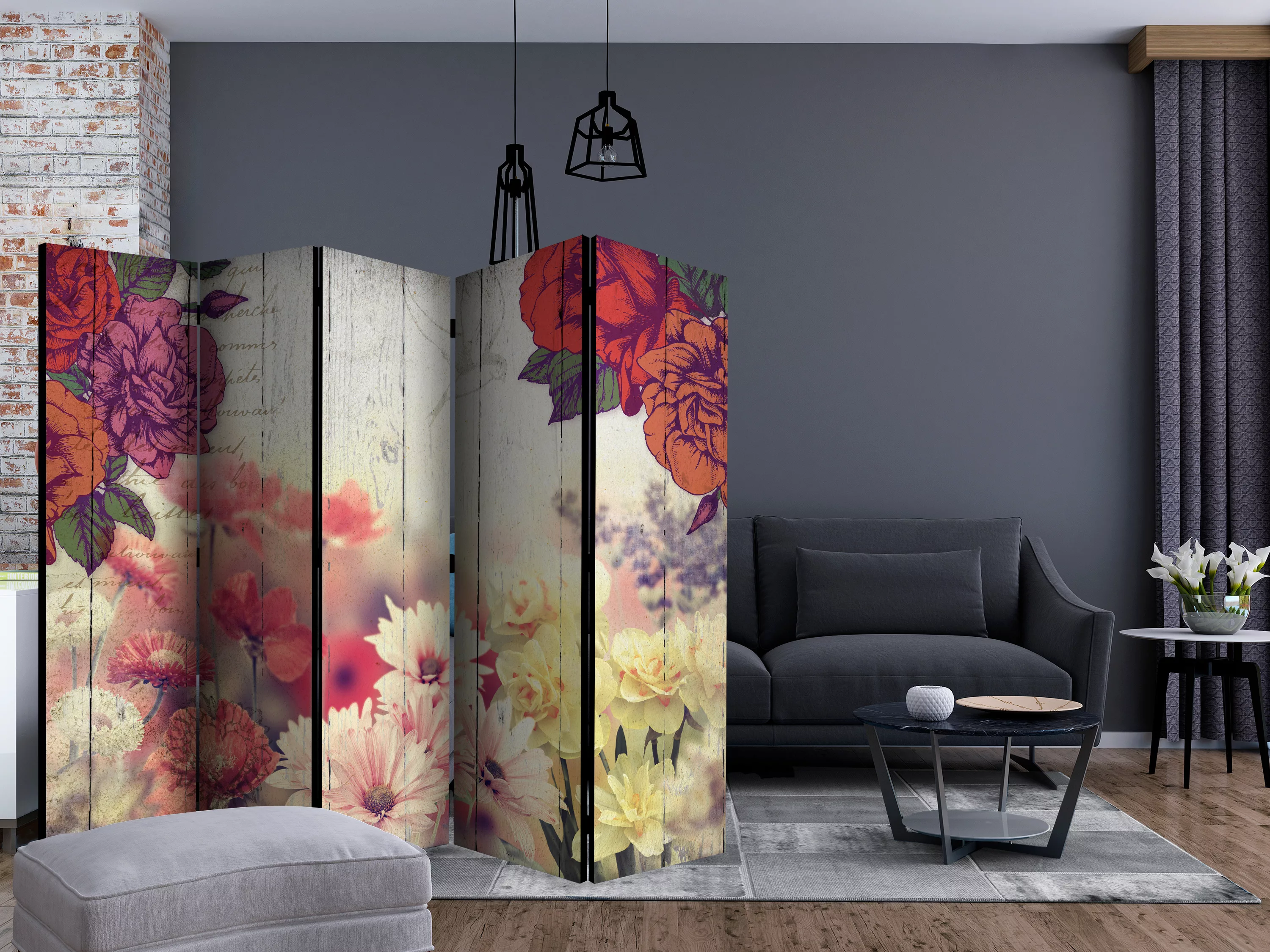 5-teiliges Paravent - Vintage Flowers Ii [room Dividers] günstig online kaufen