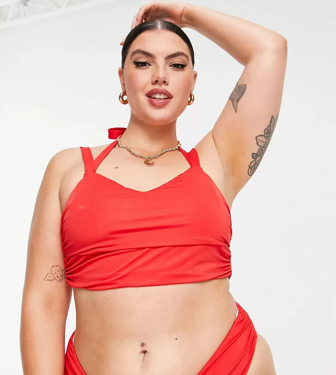 ASOS DESIGN Curve – Bikinioberteil mit kurzem Schnitt aus Netzstoff in Rot günstig online kaufen