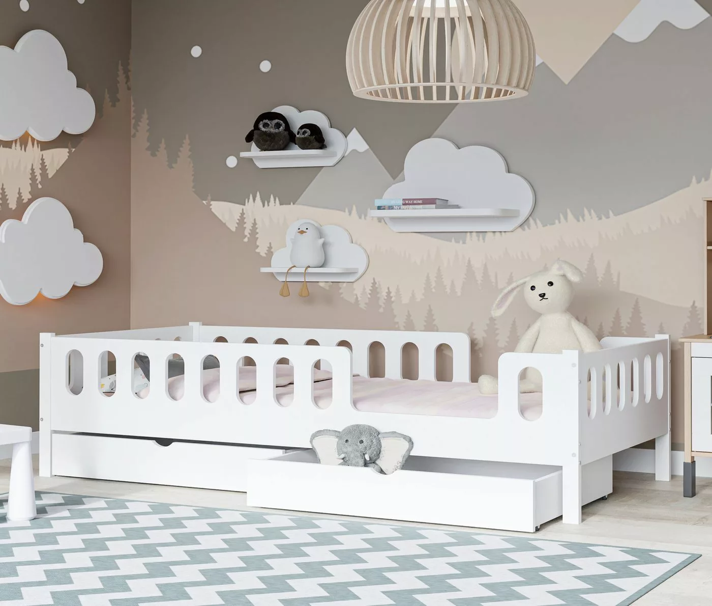 CADANI Kinderbett LARS 200x90 cm - Weiß (abnehmbarer Rausfallschutz), Boden günstig online kaufen
