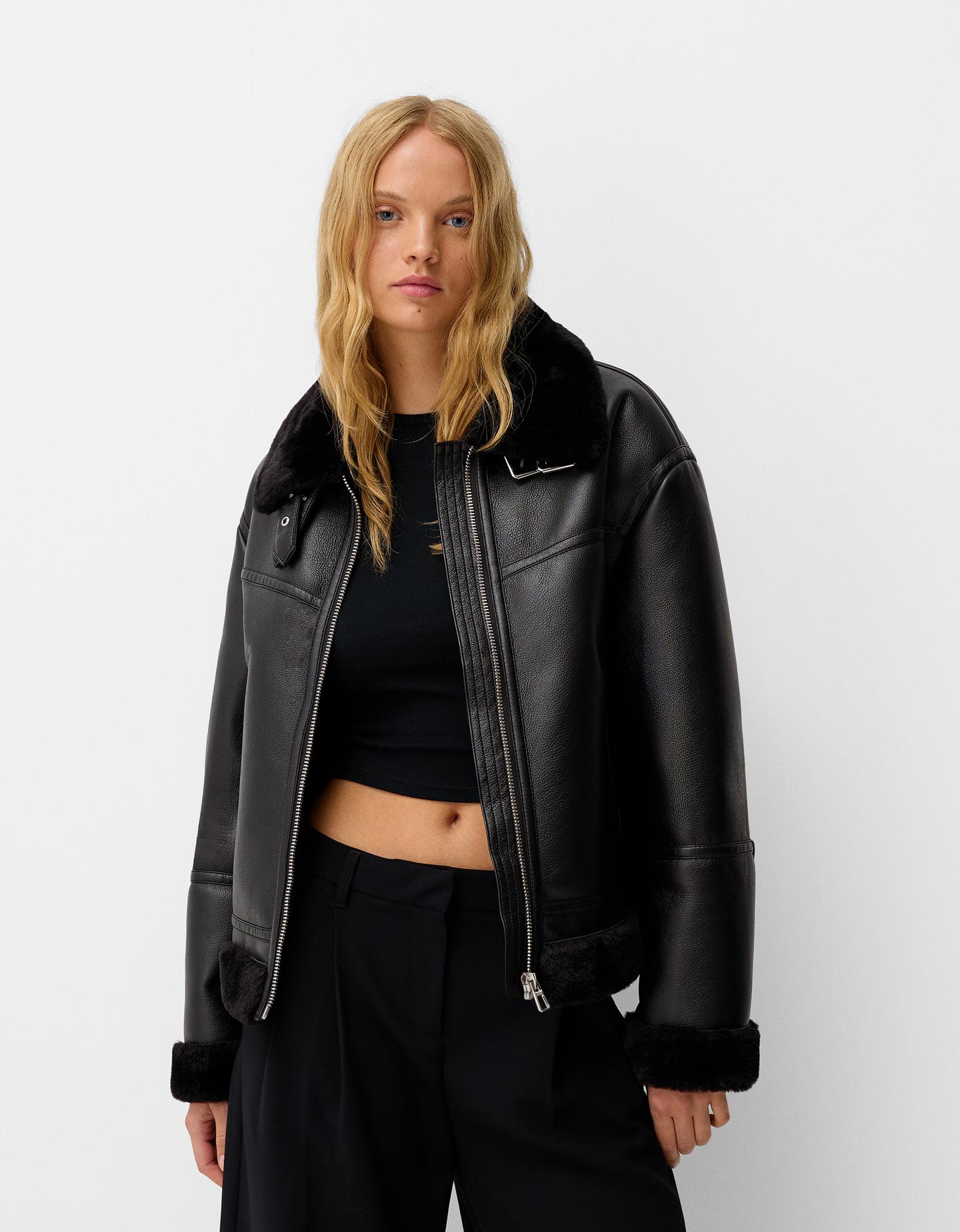 Bershka Doubleface-Jacke Aus Kunstpelz Damen M Schwarz günstig online kaufen