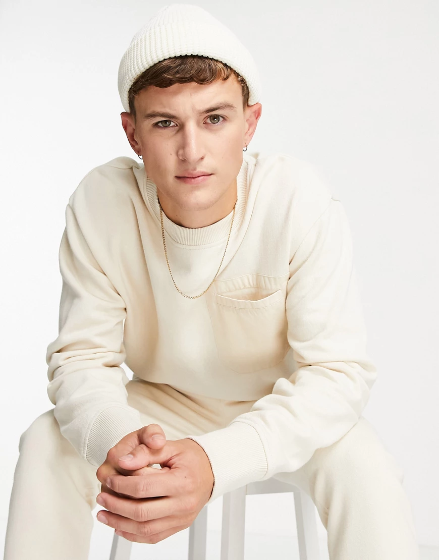 Topman – Oversize-Sweatshirt in Ecru mit Cargo-Tasche, Kombiteil-Neutral günstig online kaufen