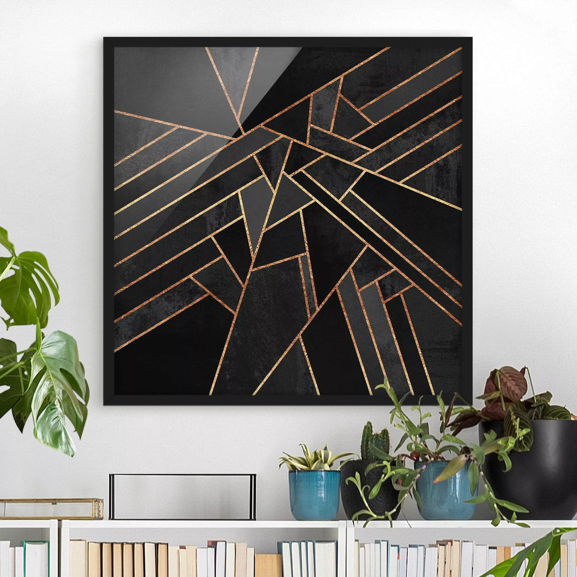 Bild mit Rahmen Abstrakt - Quadrat Schwarze Dreiecke Gold günstig online kaufen