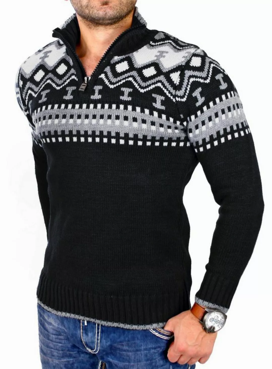 Reslad Strickpullover Reslad Herren Strickpullover Crewneck Zipper Norweger günstig online kaufen