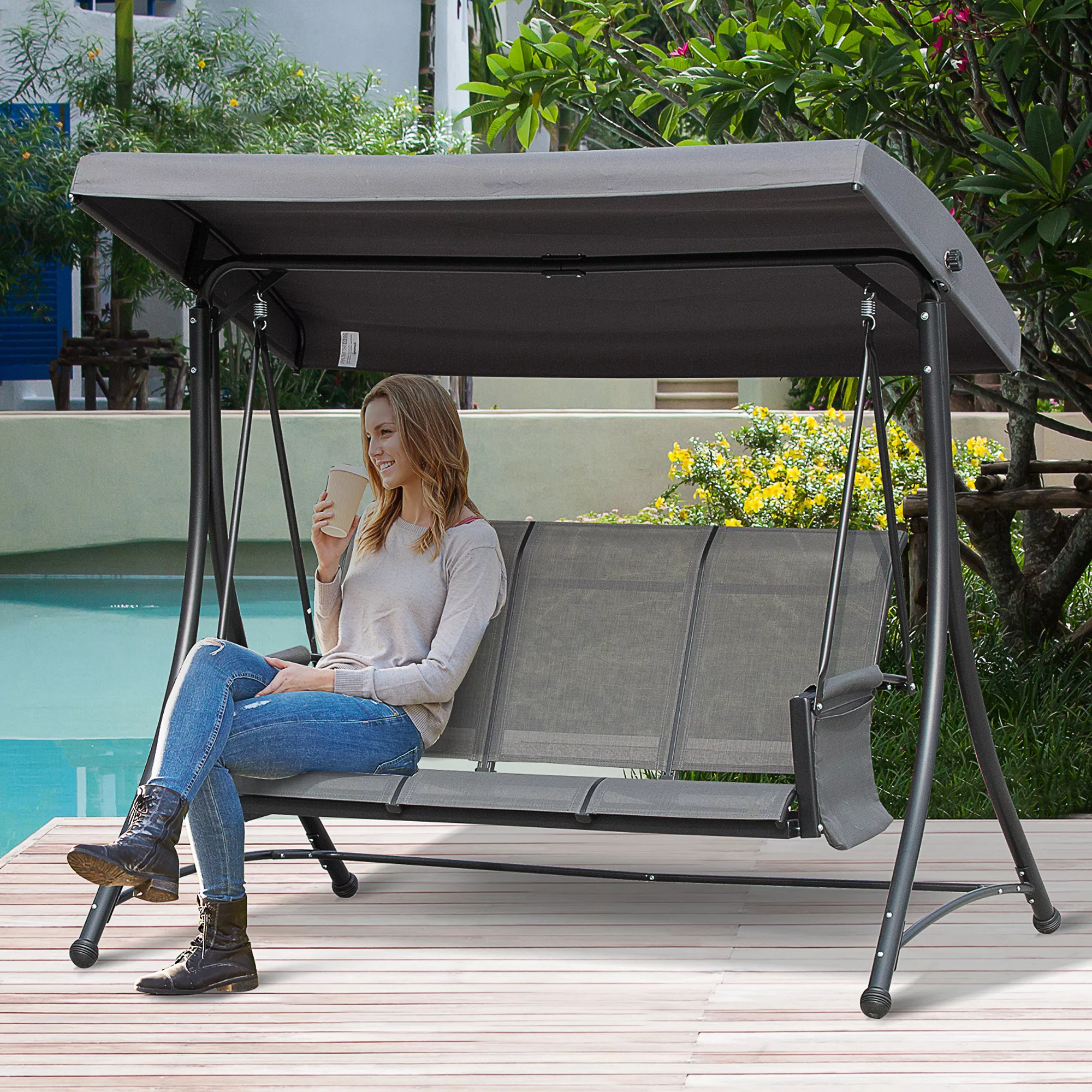 Outsunny 3-Sitzer Hollywoodschaukel, Gartenschaukel mit Sonnendach, Schauke günstig online kaufen