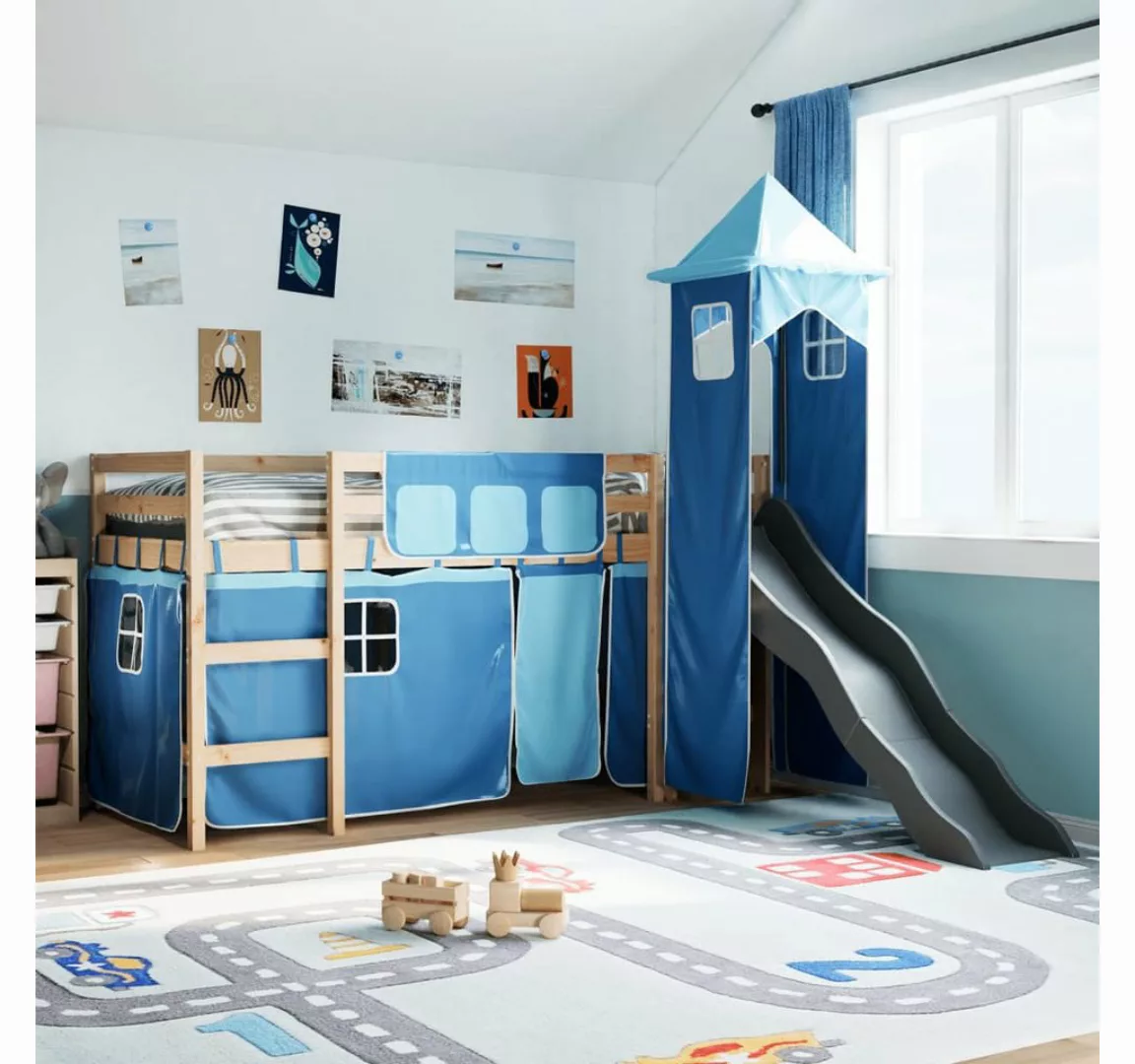 vidaXL Bett, Kinderhochbett mit Turm Blau 80x200 cm Massivholz Kiefer günstig online kaufen