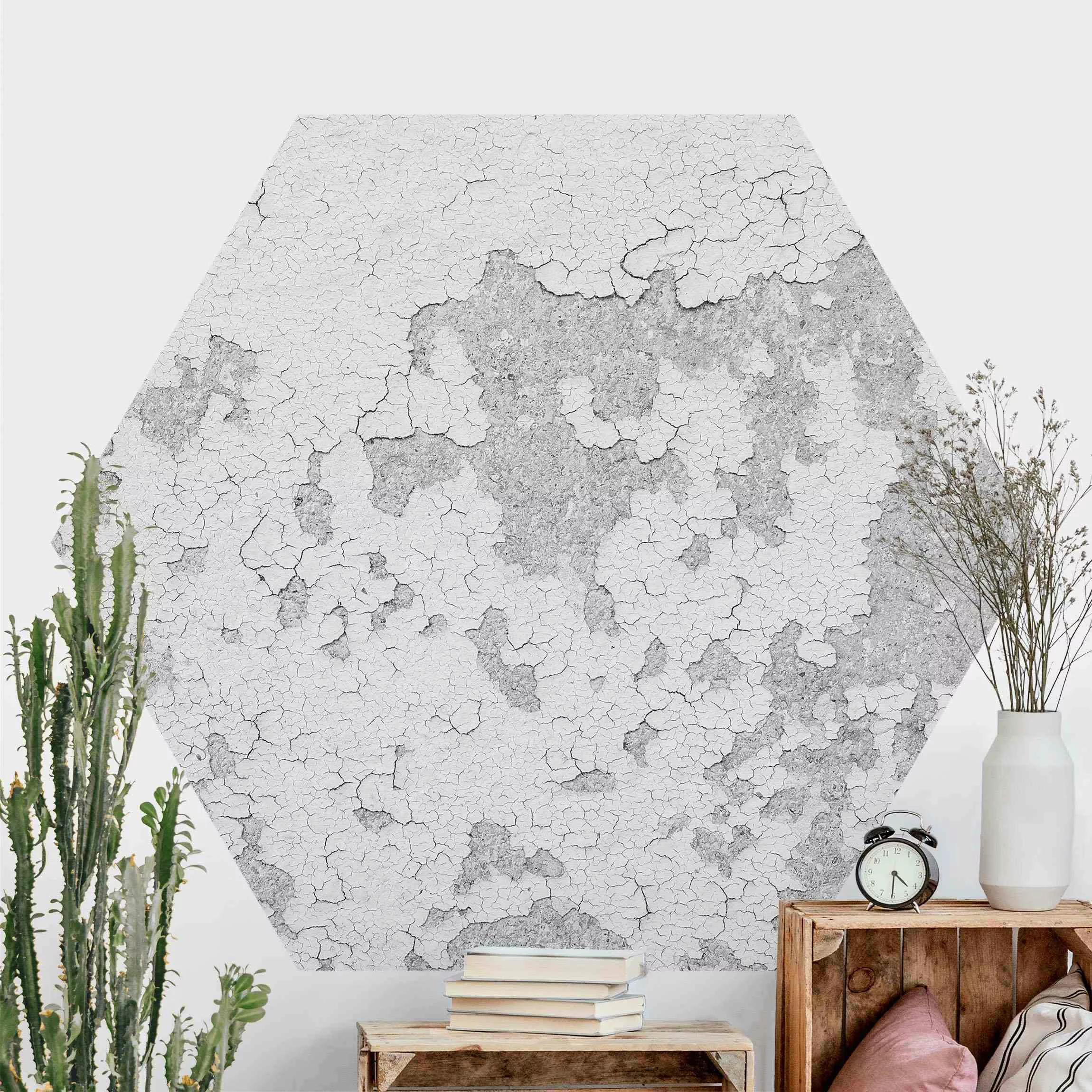 Hexagon Mustertapete selbstklebend Shabby Putz in Grau günstig online kaufen