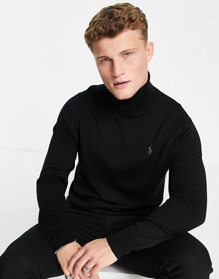 Polo Ralph Lauren – Strickpullover aus Merinowolle in Schwarz mit Rollkrage günstig online kaufen