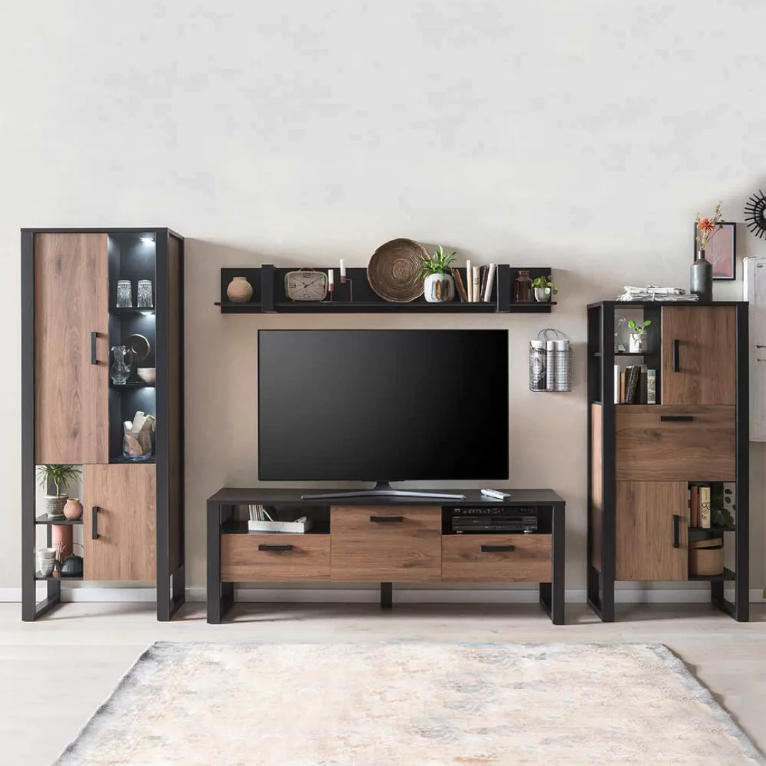 Fernseher Schrankwand in modernem Design Nussbaumfarben & Schwarz (vierteil günstig online kaufen