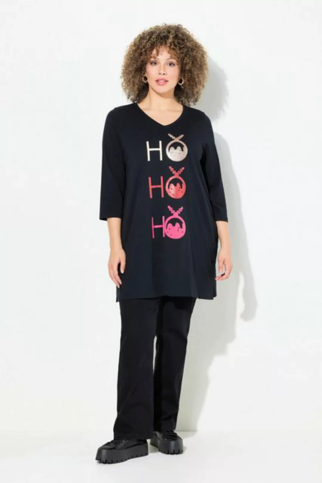 Ulla Popken Longshirt Longshirt Ho Ho Ho A-Linie V-Ausschnitt 3/4-Arm günstig online kaufen