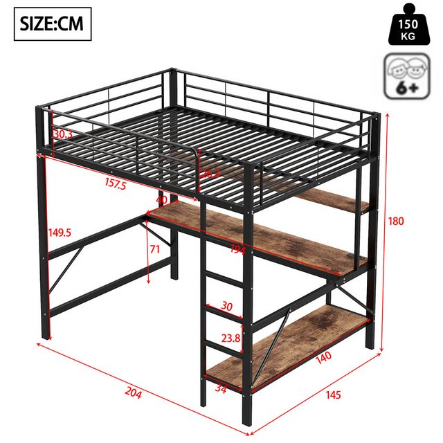 Flieks Hochbett LED Metallbett 140x200cm mit Leiter, Schreibtisch mit Aufla günstig online kaufen