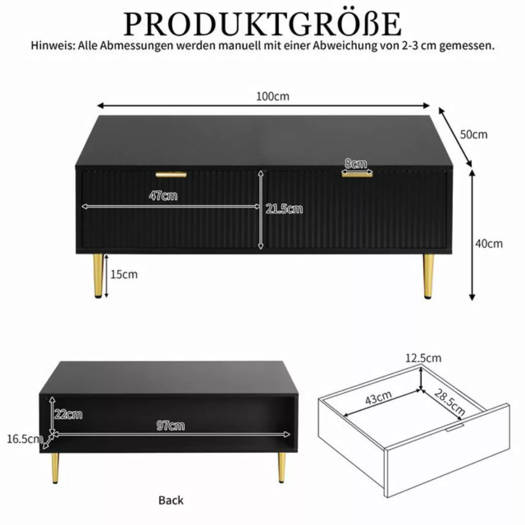 EXTSUD Hochschrank schwarzer Couchtisch mit Golddekoration, 2 Schubladen,10 günstig online kaufen