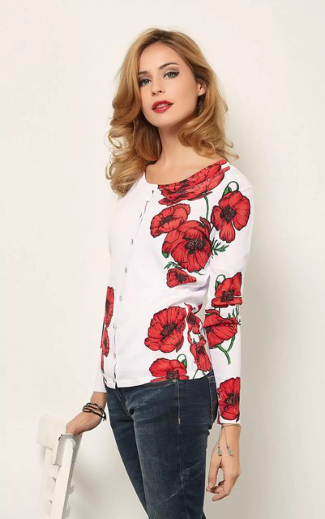 Passioni Cardigan Twin-Set mit modernem Mohn-Blumendruck günstig online kaufen