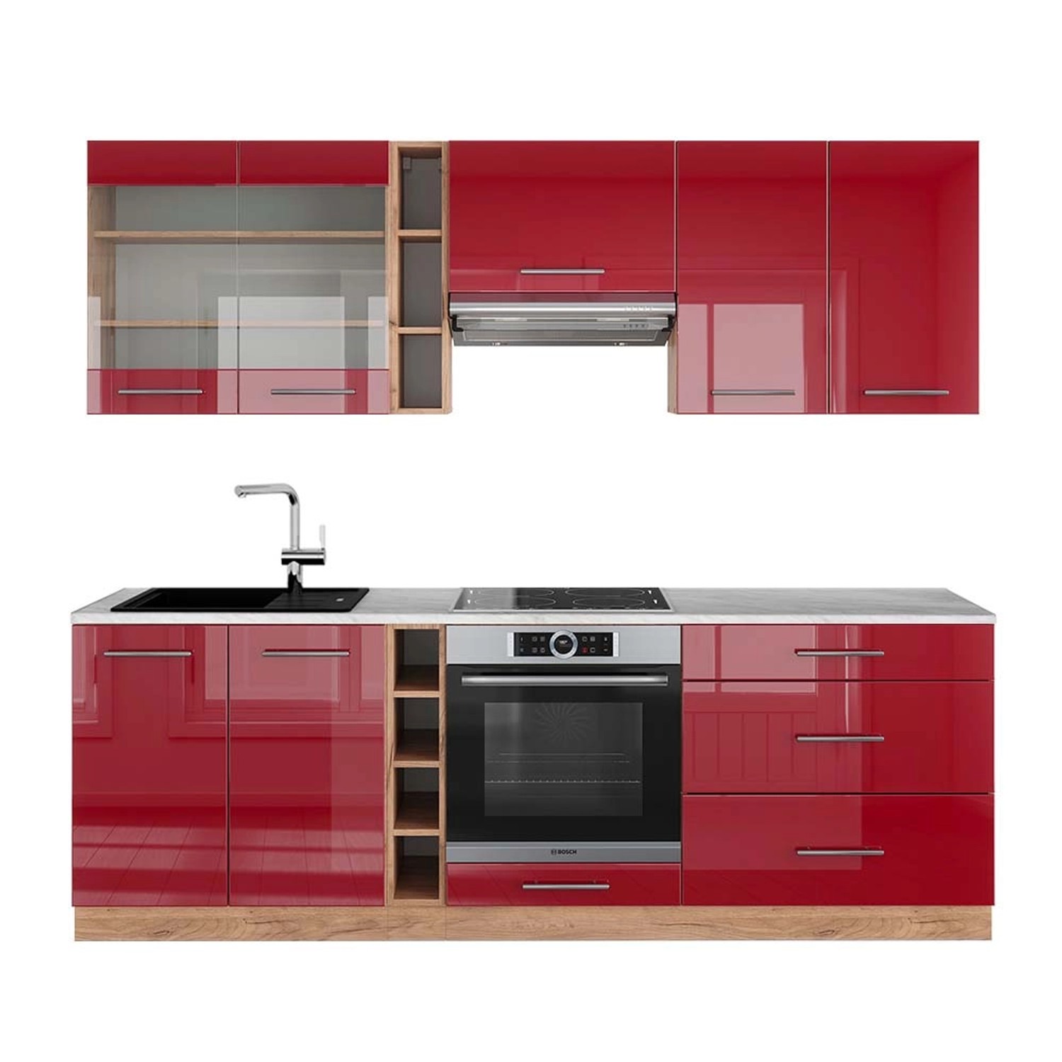 Vicco Küchenzeile R-Line, Bordeaux Hochglanz/Goldkraft Eiche, günstig online kaufen