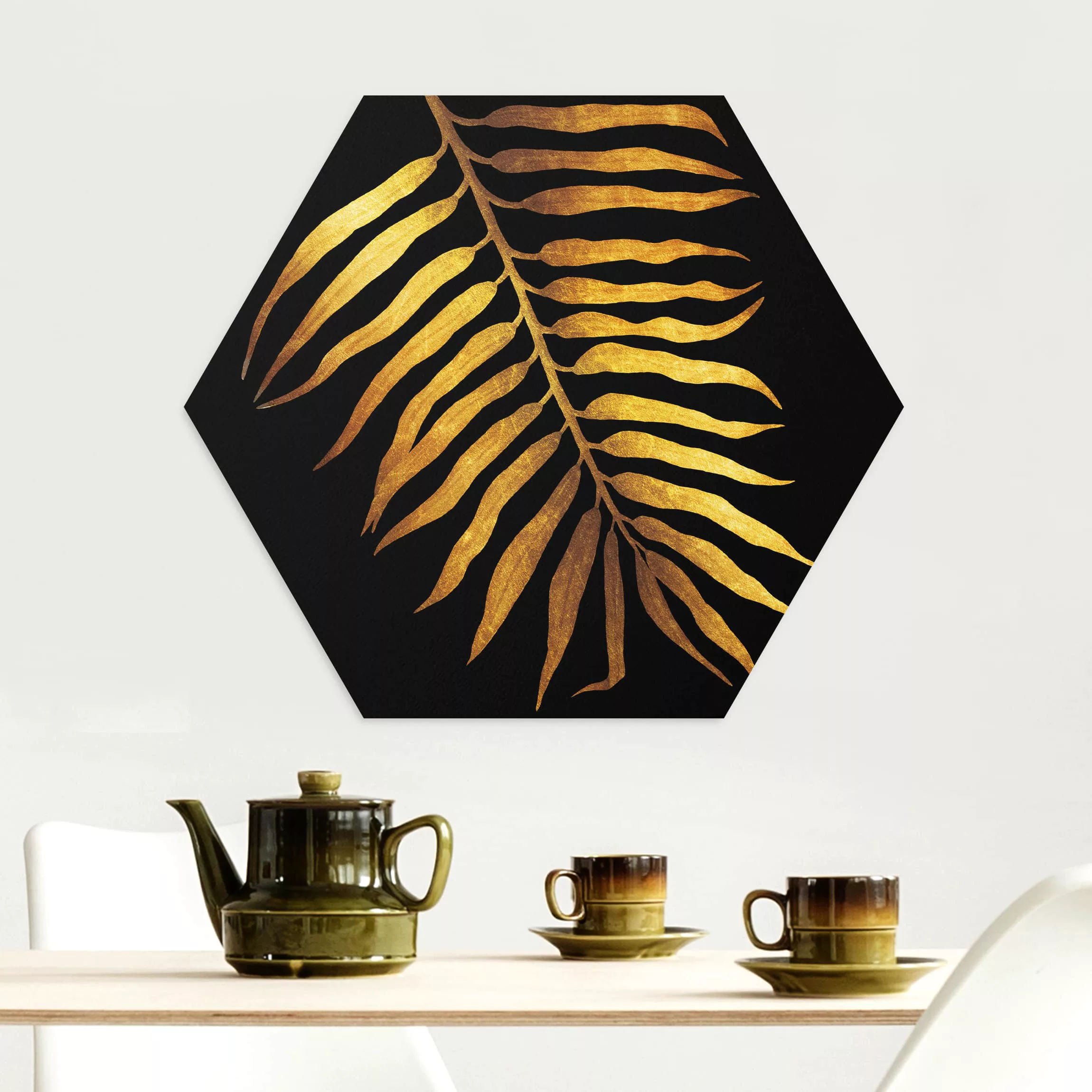 Hexagon-Alu-Dibond Bild Blumen Gold - Palmenblatt II auf Schwarz günstig online kaufen