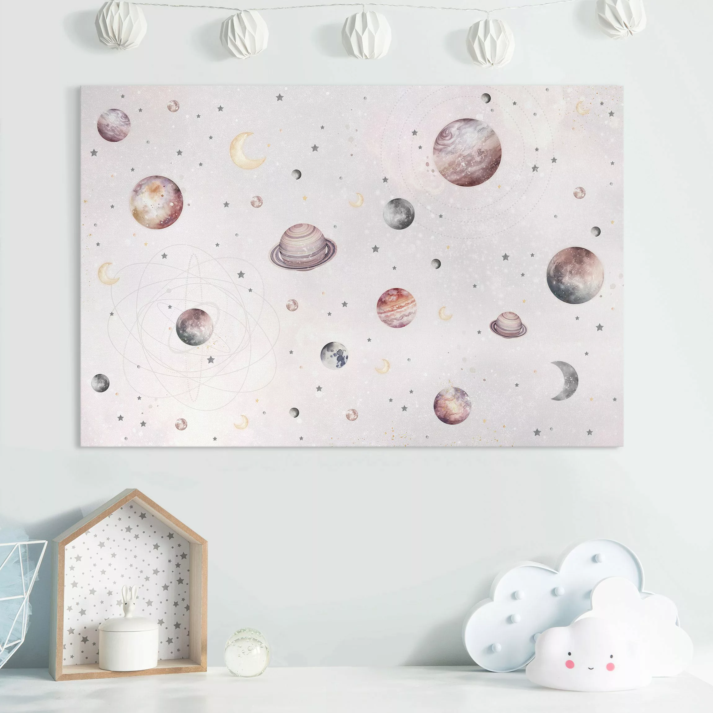 Leinwandbild Aquarell Planeten, Mond und Sterne günstig online kaufen