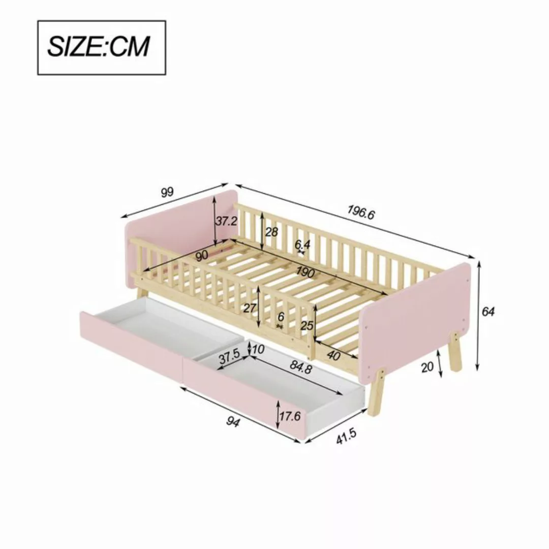 Odikalo Kinderbett Einzelbett 90x190cm mit 2 Schubladen Massivholz Lattenro günstig online kaufen