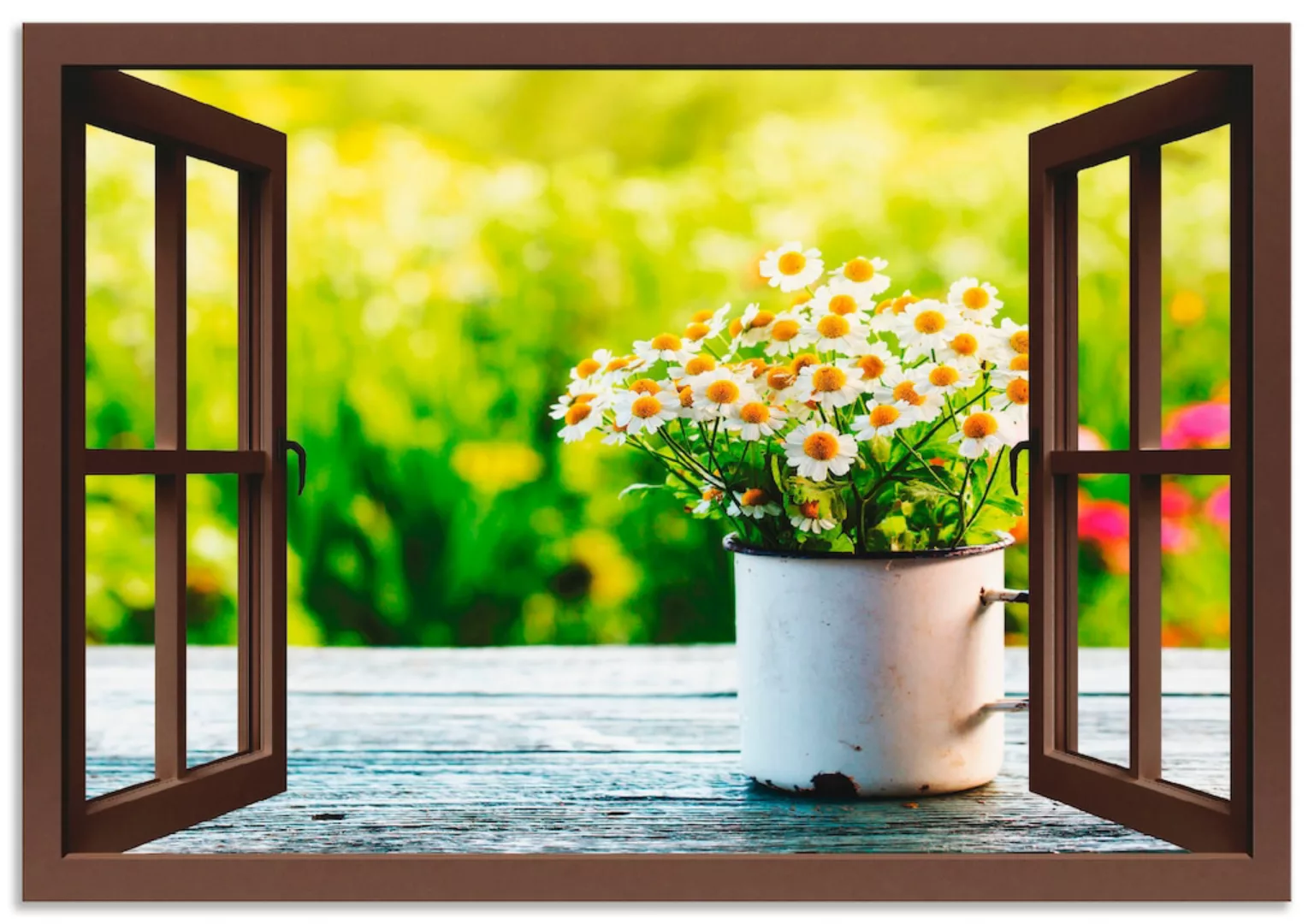 Artland Wandbild "Fensterblick Garten mit Gänseblümchen", Blumen, (1 St.) günstig online kaufen