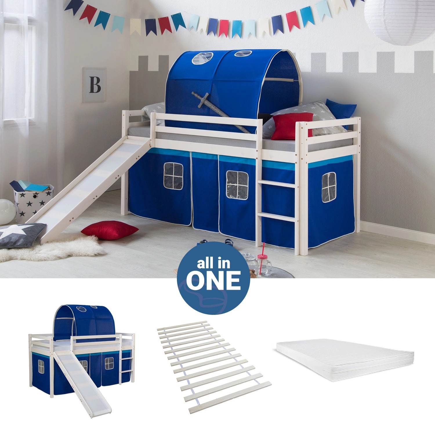 Homestyle4u Hochbett 90x200 mit Vorhang Lattenrost Matratze Rutsche Tunnel günstig online kaufen