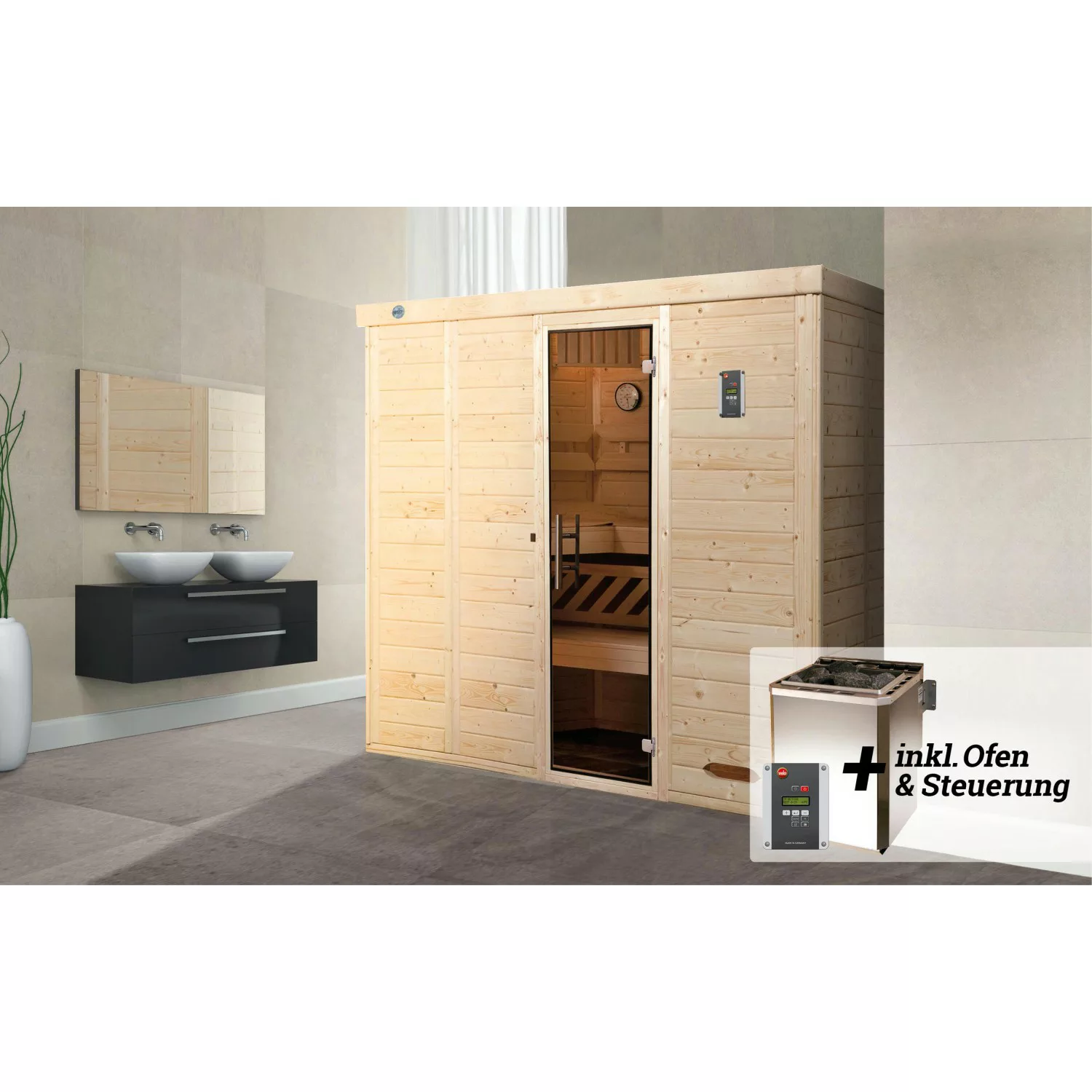 Weka Premium Massivholz-Elementsauna Kemi 5 Sparset 7,5 kW BioS digi. Steue günstig online kaufen