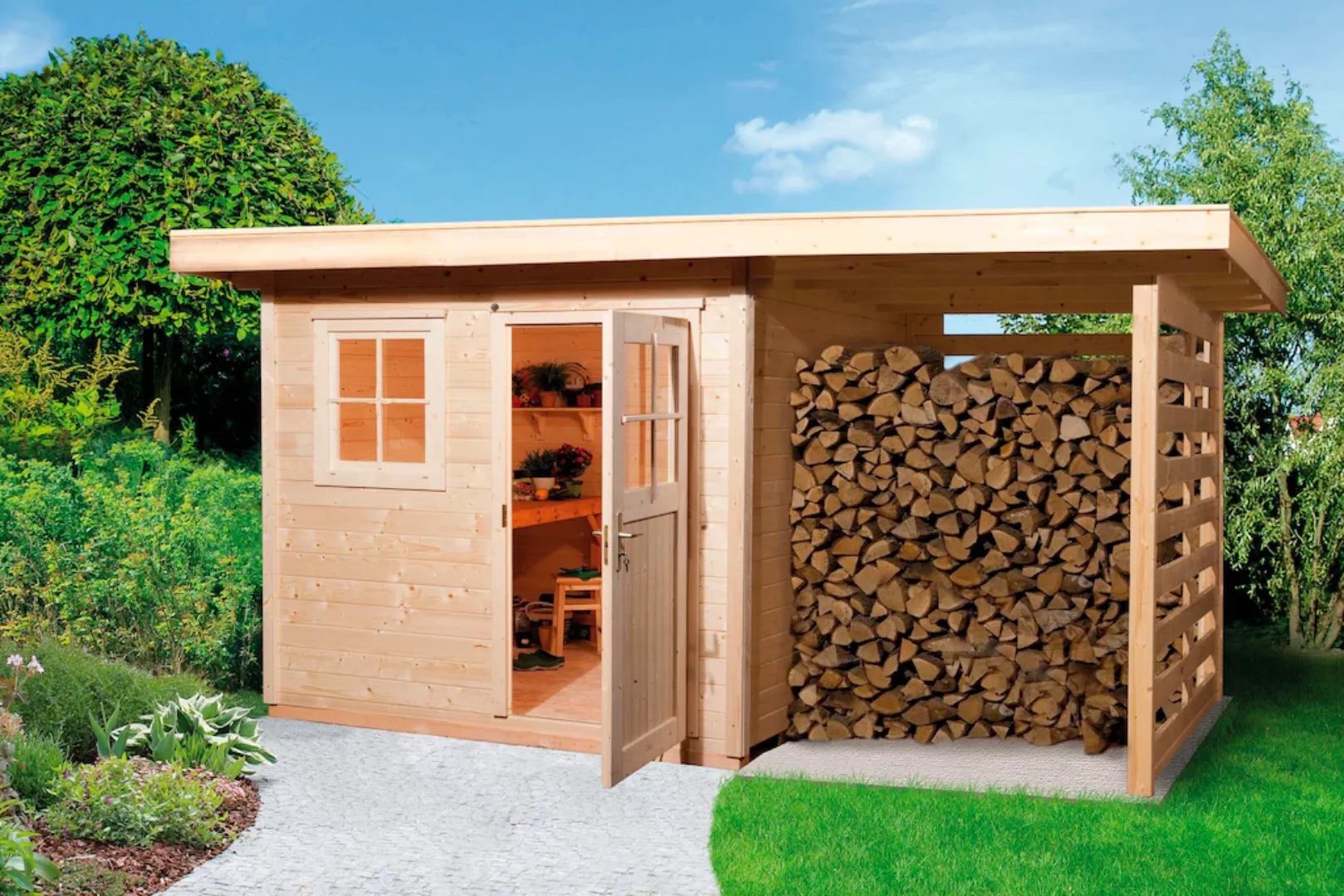 Holz-Gartenhaus Flachdach Unbehandelt 430 cm x 280 cm günstig online kaufen