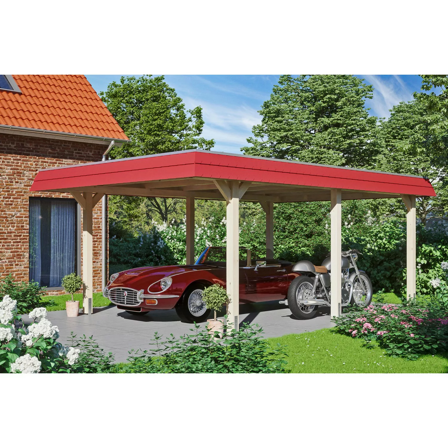 Skan Holz Carport Wendland Natur 409 x 628 cm Alu-Dach Blende Rot günstig online kaufen