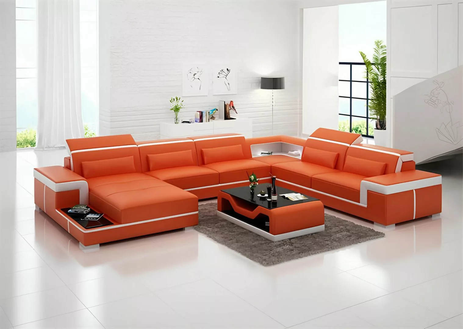 Xlmoebel Ecksofa Neu Orange Leder Ecksofa in U-Form mit Design für das Wohn günstig online kaufen