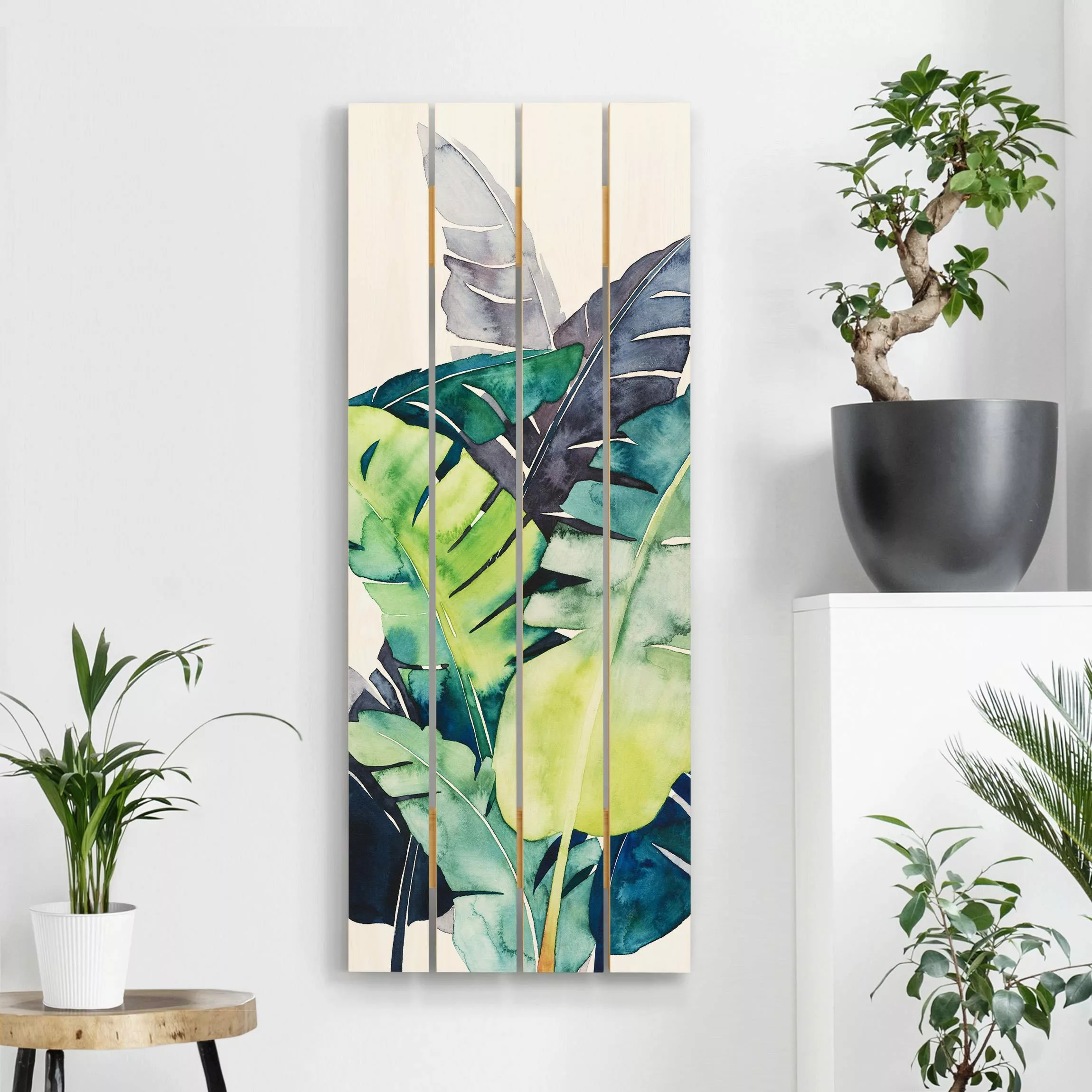 Holzbild Plankenoptik Blumen - Hochformat Exotisches Blattwerk - Banane günstig online kaufen