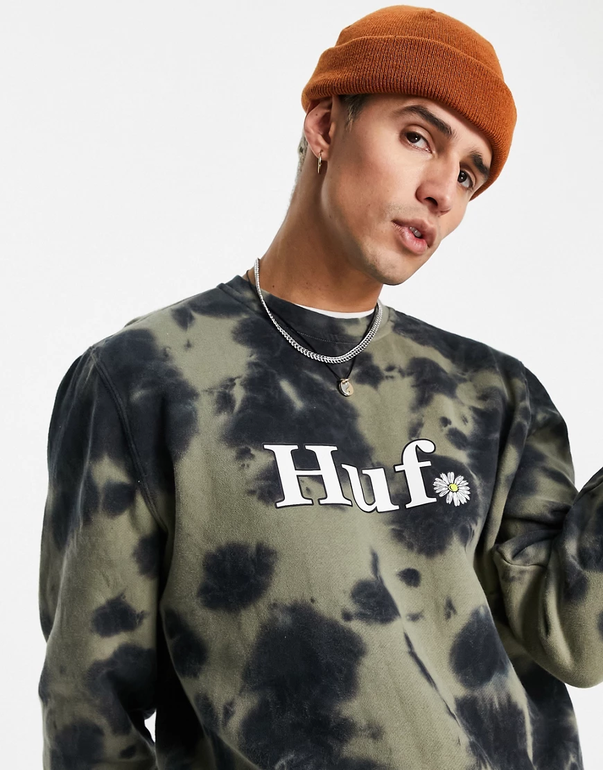 HUF – In Bloom – Sweatshirt in Olivgrün mit Batikmuster, Kombiteil günstig online kaufen