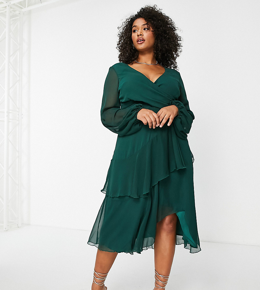 ASOS DESIGN Curve – Midikleid mit Wickeldesign, Gürtel und doppellagigem Ro günstig online kaufen