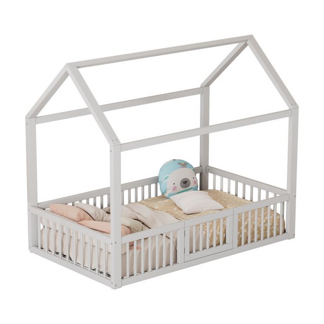 Flieks Massivholzbett, Kinderbett Einzelbett Hausbett mit Sicherheitsgitter günstig online kaufen