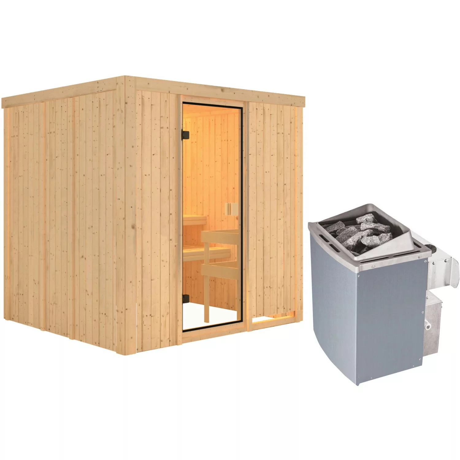 Woodfeeling Sauna Tromsö inkl. 9 kW Ofen mit integr. Strg., Glastür Bronzie günstig online kaufen