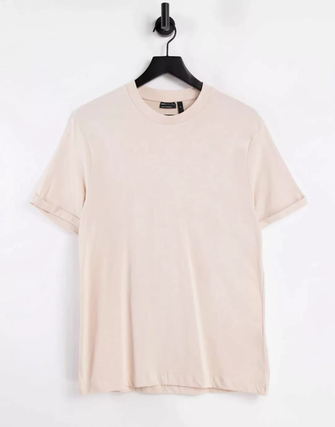ASOS DESIGN – T-Shirt mit Rollärmeln in Beige-Neutral günstig online kaufen