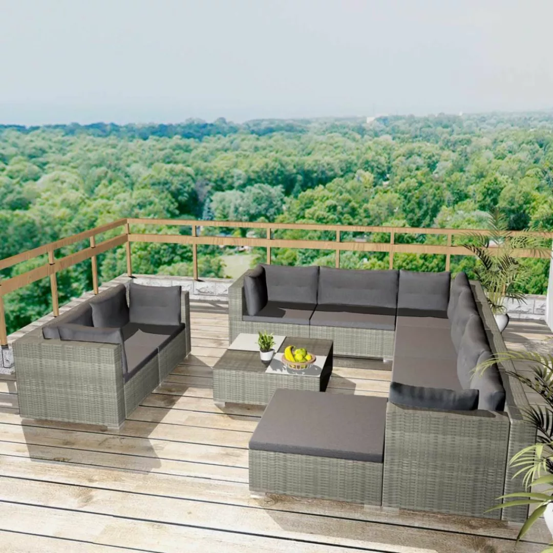 10-tlg. Garten-lounge-set Mit Auflagen Poly Rattan Grau günstig online kaufen