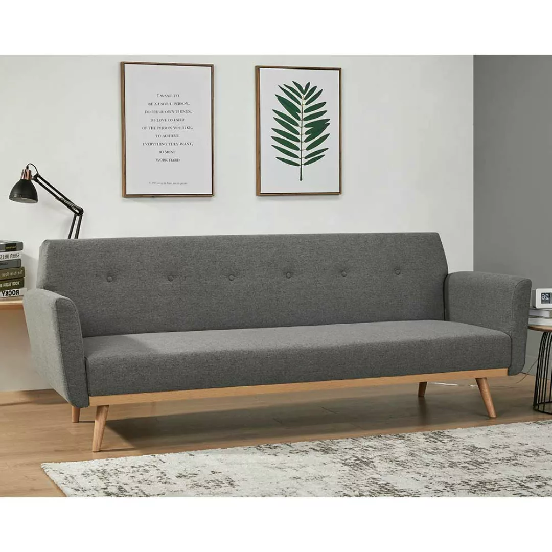 Dreisitzer Sofa in Dunkelgrau und Holz Naturfarben Rücken Klappmechanik günstig online kaufen