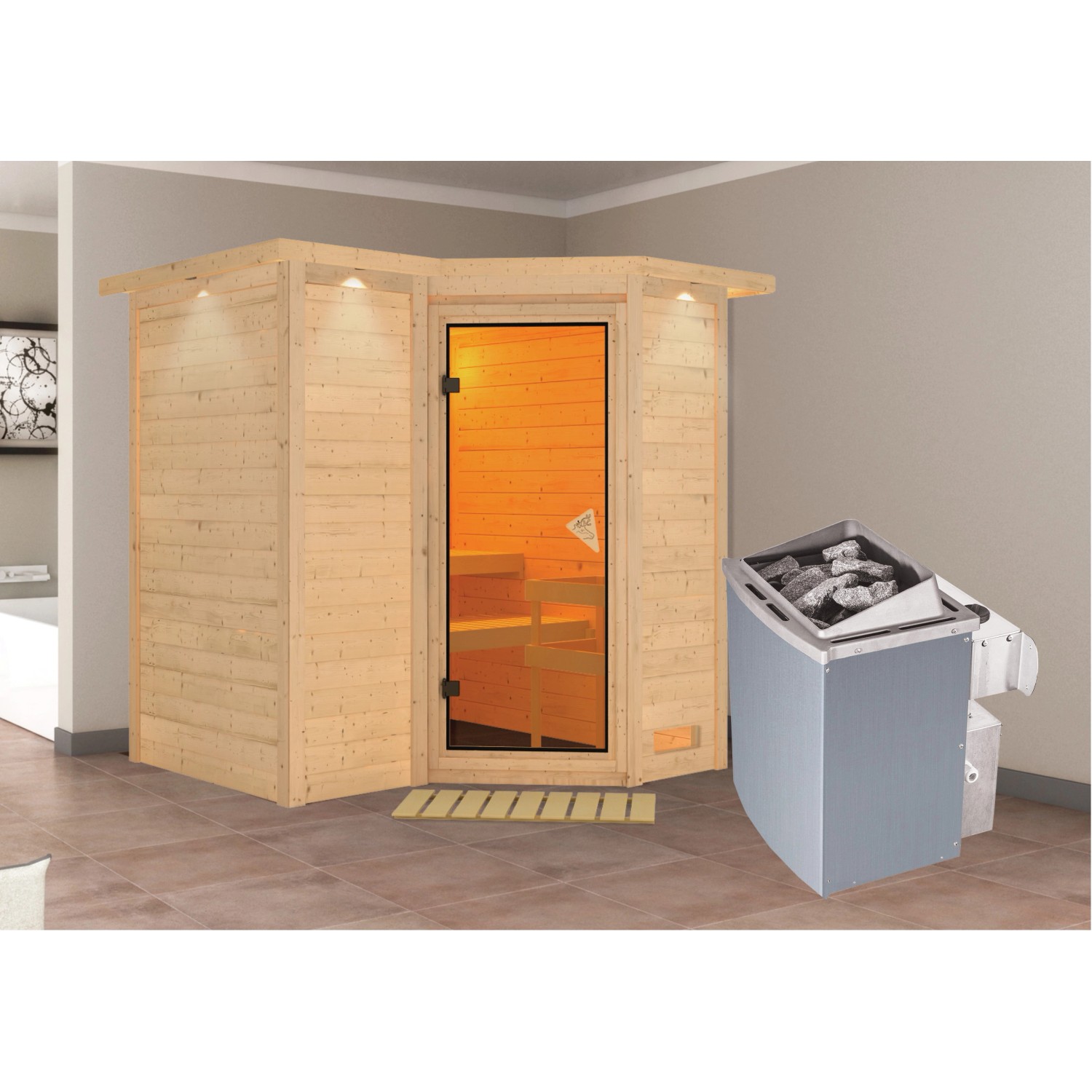 Woodfeeling Sauna-Set Steena 1 inkl. Ofen 9 kW mit integr. Steuerung, Dachk günstig online kaufen