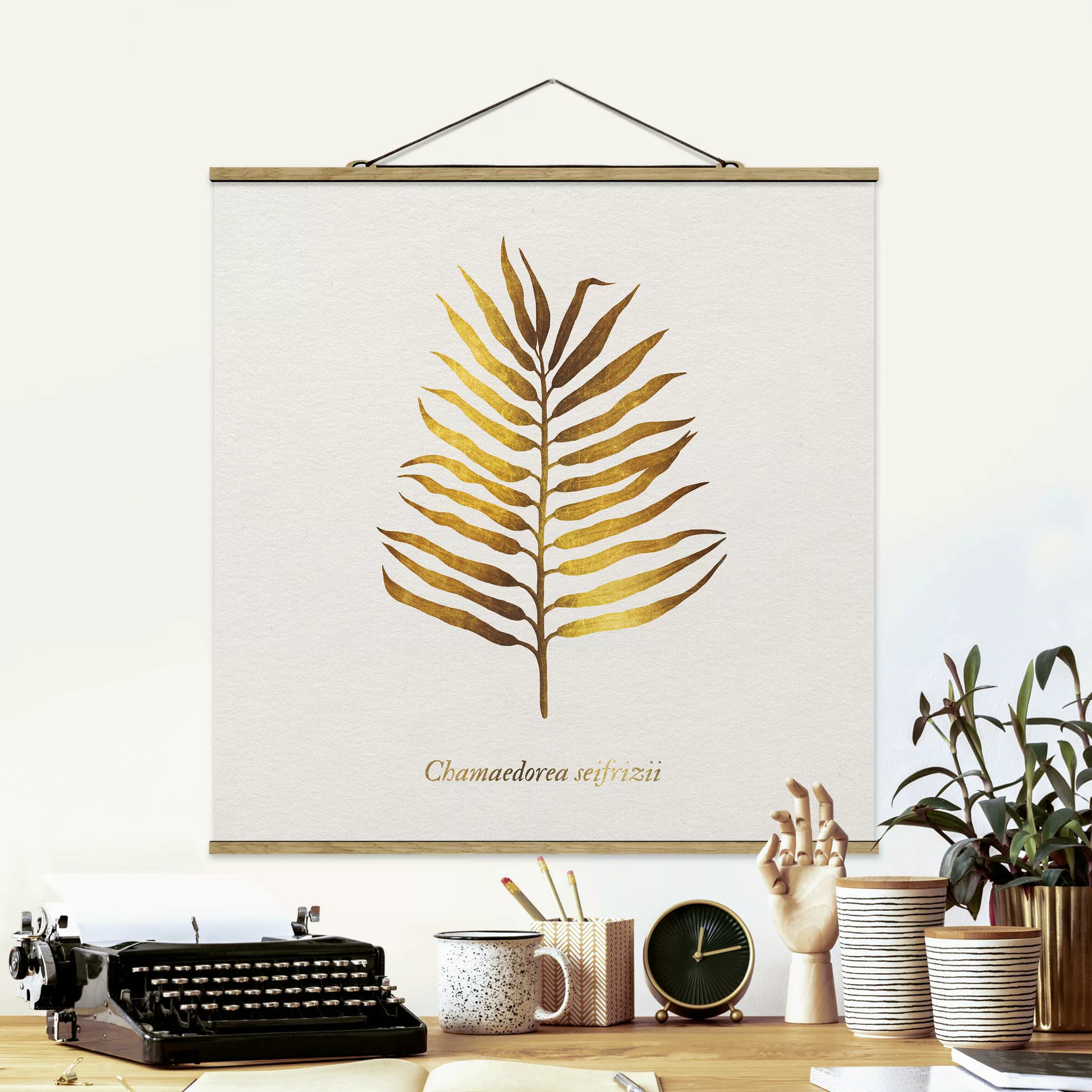 Stoffbild Blumen mit Posterleisten - Quadrat Gold - Palmenblatt II günstig online kaufen