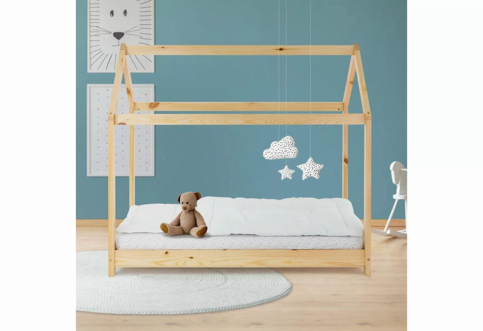 ML-DESIGN Kinderbett Hausbett mit Dach und Lattenrost aus massivem Kiefernh günstig online kaufen