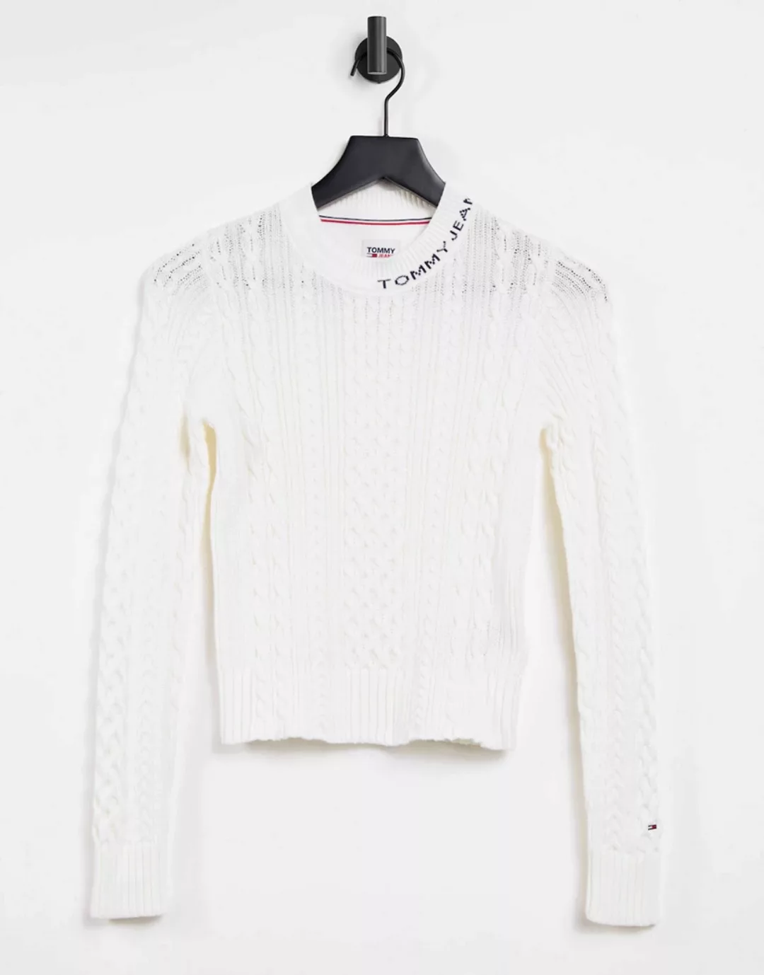 Tommy Jeans – Weißer Pullover mit Rundhalsausschnitt und Zopfmuster günstig online kaufen