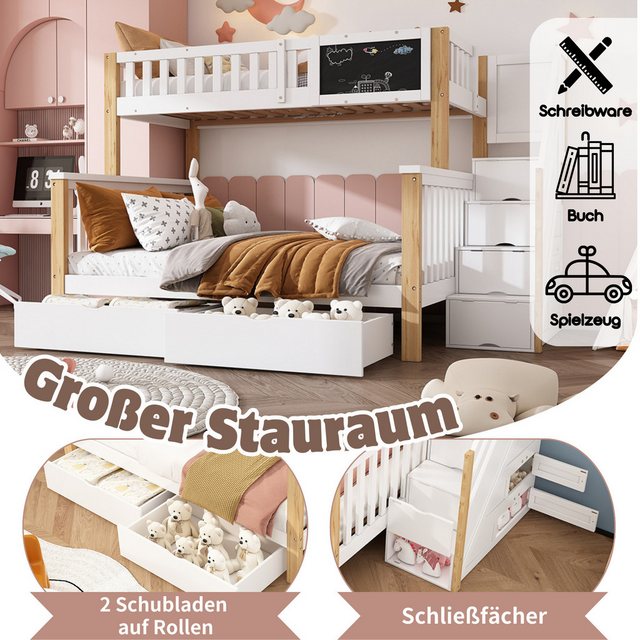 Flieks Etagenbett, Kinderbett mit Tafel Treppe Schubladen 90x200cm+140x200c günstig online kaufen