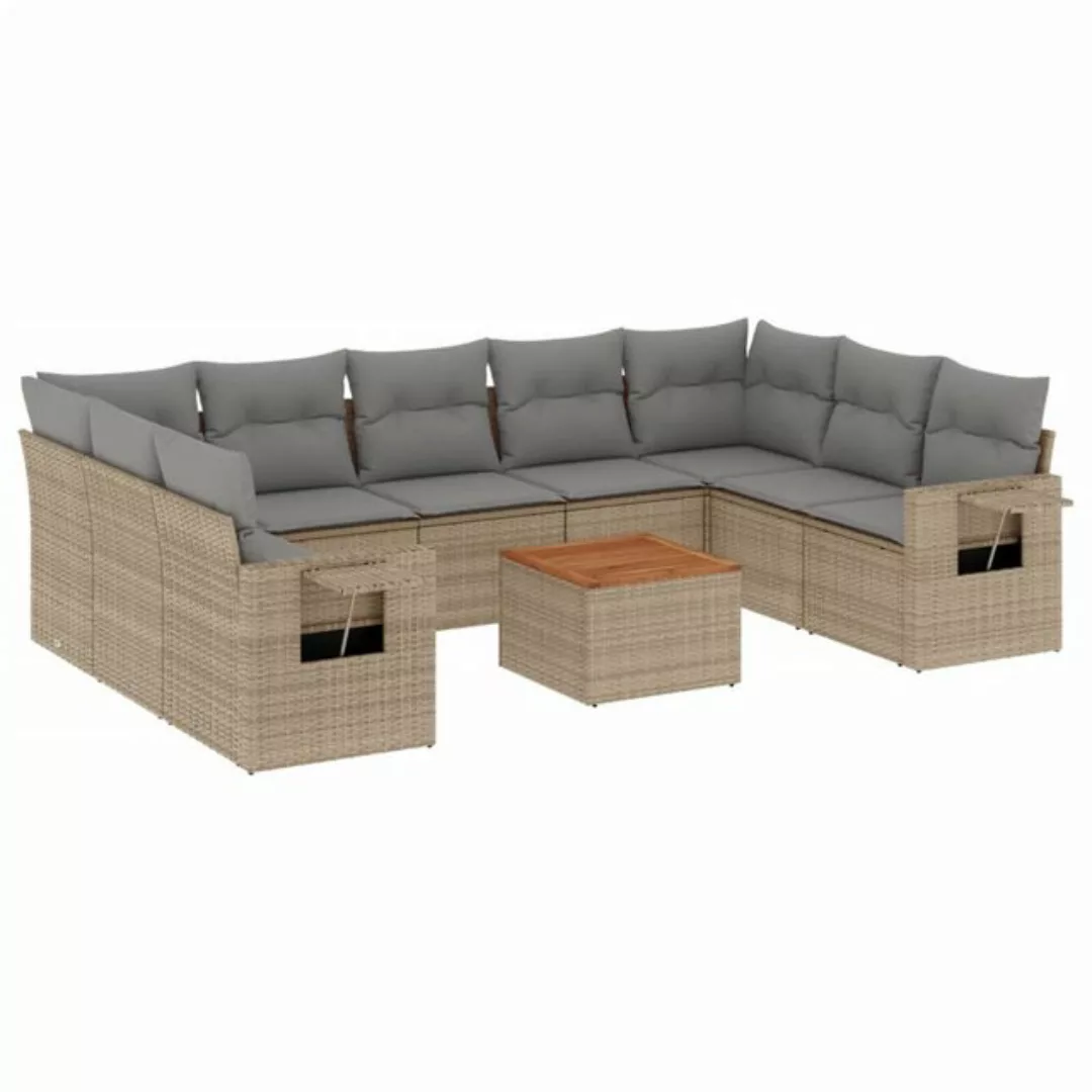 vidaXL Sofaelement 10-tlg. Garten-Sofagarnitur mit Kissen Beige Poly Rattan günstig online kaufen