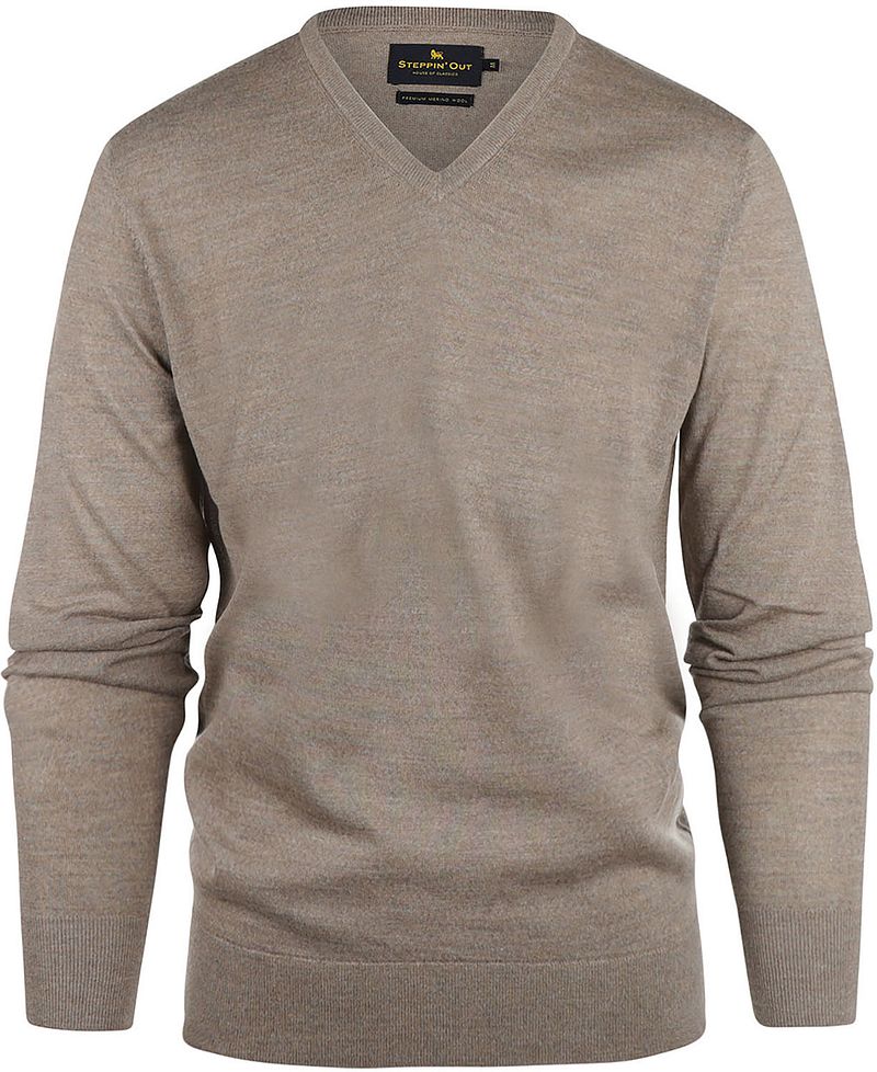 Steppin' Out Pullover V-Ausschnitt Merinowolle Taupe - Größe L günstig online kaufen