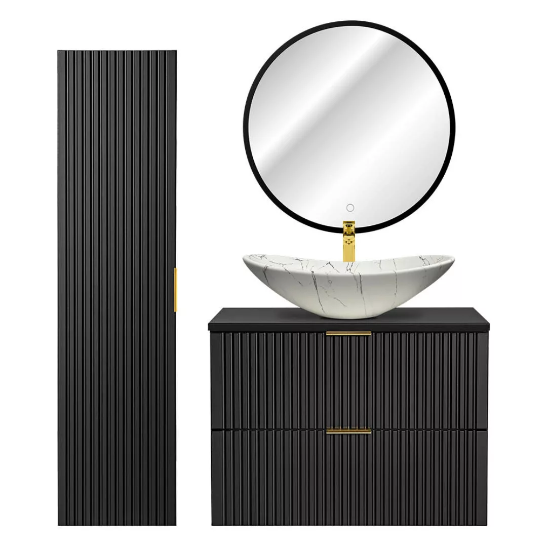 Badmöbel Set mit 81cm Waschtisch, Hochschrank, LED-Spiegel und Keramik-Wasc günstig online kaufen